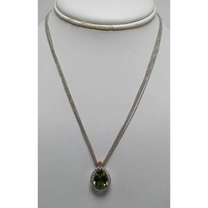 18k White Gold Simon G Peridot w Diamond Halo Pendant & Multi Strand Necklace